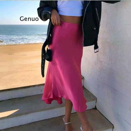 Slim Women Pink Satin Skirts for Ladies 2021 Yellow Skinny Pencil Skirt Girls Elegant Party Smooth Clothes