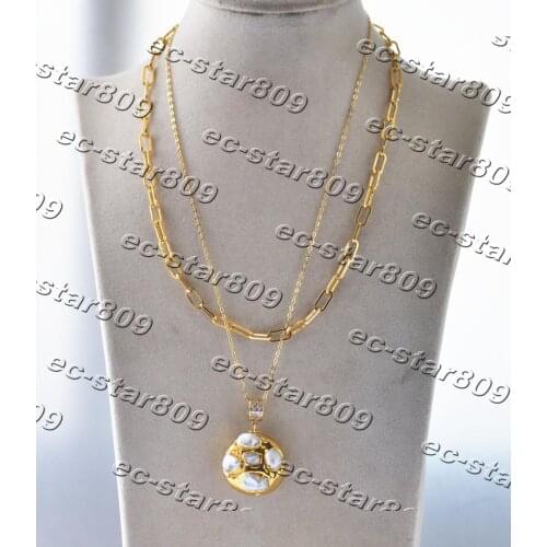 Z11308 2Row 18" 25mm White Pearl gold-plating Bead Pendant Chain Women Fashion Jewelry