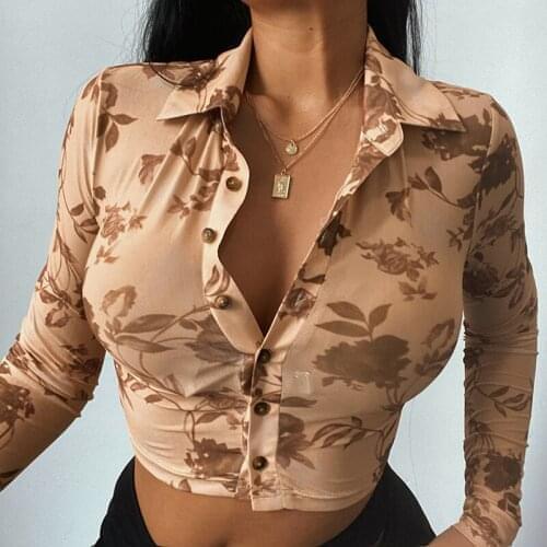 Women Sexy Sheer Mesh Short Shirt Spring Autumn Ladies Long Sleeve Turn-Down Collar Floral Print Single-Breasted Tops Brown