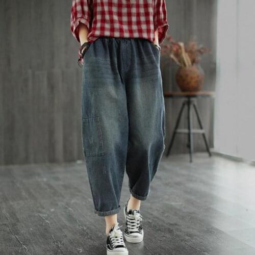 Johnature Autumn New Leisure Patchwork Pocket Elastic Waist Denim Harem Pants 2020 Simple Comfortable Women Ankle-length Pants