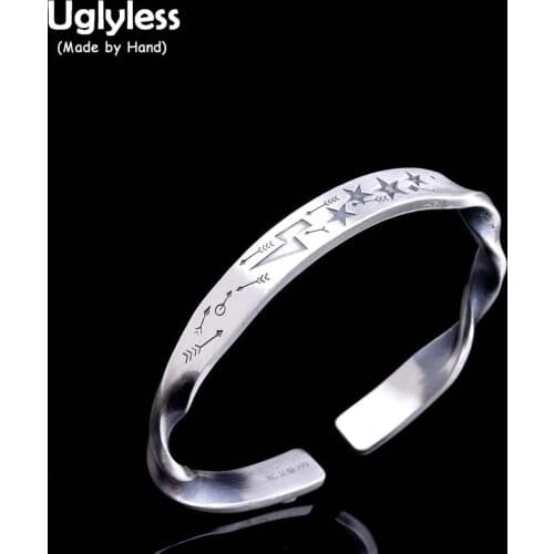 Uglyless Solid 999 Full Silver Twisted Open Bangles for Women Twinkle Stars Bangles Thai Silver Arrows 8MM Wide Bracelets BA679