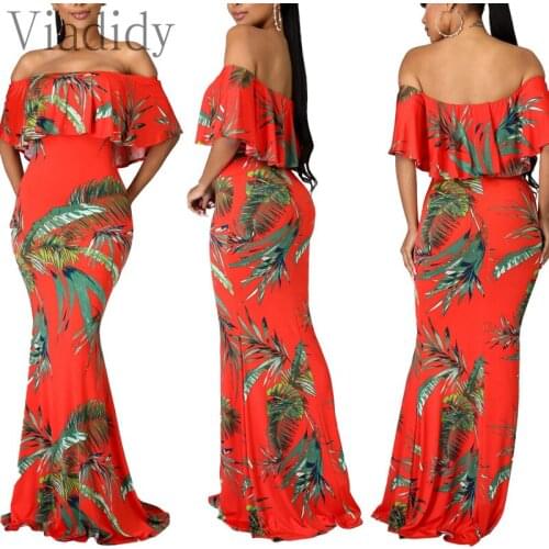 Off Shoulder Tropical Print Strapless Maxi Dress Bohemian Women Casual Short Sleeve Long Robe