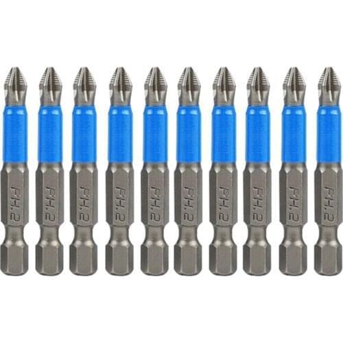 10Pcs Magnetic 50mm 1/4 Inch PH2 Cross Screwdriver Drill Bits Hexadecimal Shank Anti-slip for Electric Screwdriver