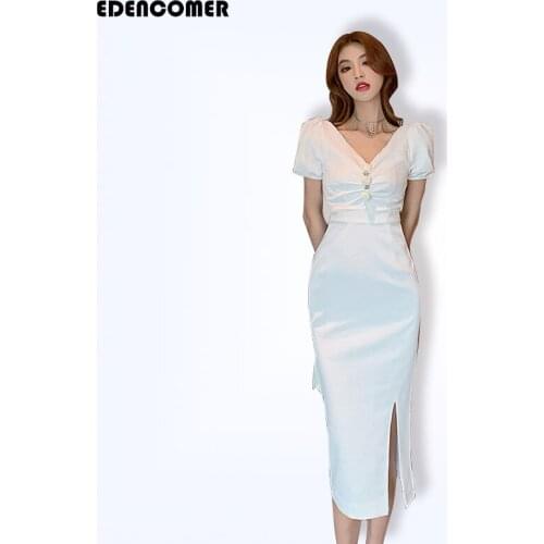 2021 New French Cheongsam Improved V-neck Party Dress Temperament Gentle Wind White Spring and Summer Dresses Women Clothing