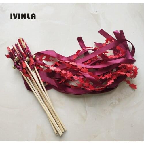 30pcs/wine red wedding ribbon wands with bell ribbon Twirling Streamers wedding ribbon stick