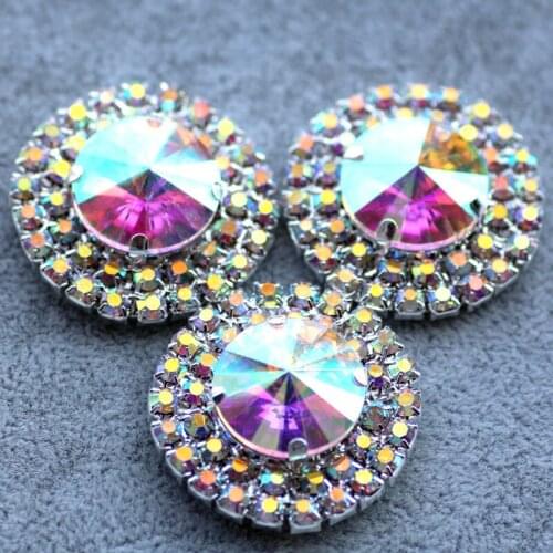 5pcs 32mm Crystal AB Round Glass Sew On Rhinestone With 3 Holes Silver Back Fancy Stone With Metal Base Sewing On Garments