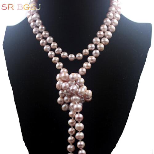 Free Shipping 9-10mm Nearly Round Freshwater Pearl Beads Knot Necklace Strand Pendant Elegant Jewelry Long Necklace 47inch