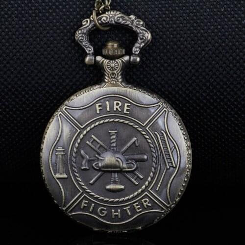 Bronze Fire Fighter Pocket Watches Vintage Bronze Steampunk Firefighter Quartz Watches Romatic Souvenir Jewelry Necklace