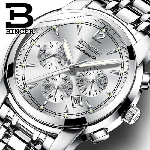 Multi function Mechanical Watch Men Switzerland BINGER High end Watch Automatic Calendar Week Month Sapphire Luminous Waterproof