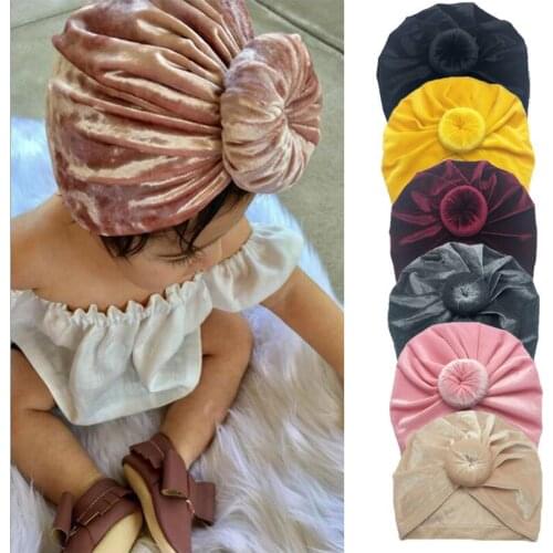 Baby Velvet Hat Girls Winter Pleated Cap Toddler Rubber Ear Warmer Beanie Soild Turban Donut Indian Cap Newborn Photo Props