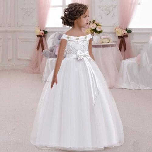 Kids Girls Wedding Flower Girl Dress Long Sleeve Elegant Princess Party Pageant Formal Dress Tulle Bow Dress