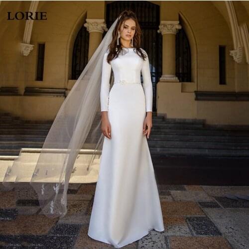 Elegant Mermaid Wedding Dresses with Pearls Ivory Lace Boho Bride Dresses Long Sleeve Muslim Wedding Bridal Gowns 2021
