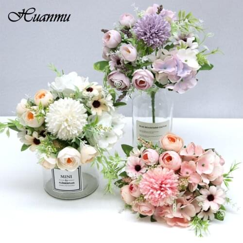 1Bouquet Mixed Flower Beautiful Peony Artificial Flower Hydrangea Silk Fake For Home Wedding Decoration DIY Dandelion Foam Hot