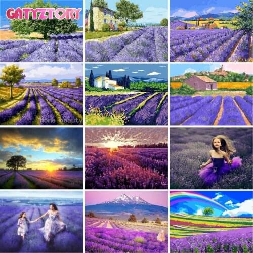GATYZTORY Diy Painting By Numbers Lavender Landscape Canvas Colouring Handpainted Gift Wall Decor Frame 60×75cm