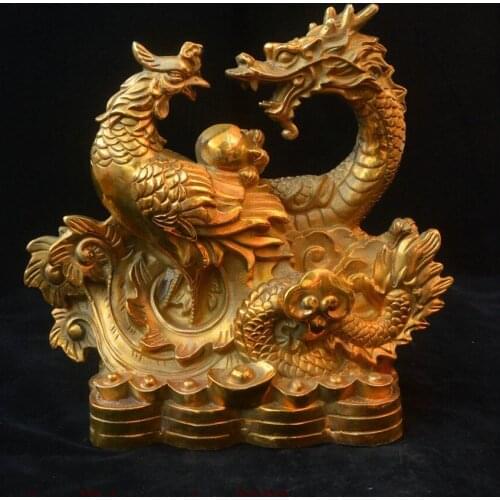 Chinese Feng shui Brass Copper Dragon Phoenix Yuanbao Coin Wealth Statue 10 inch