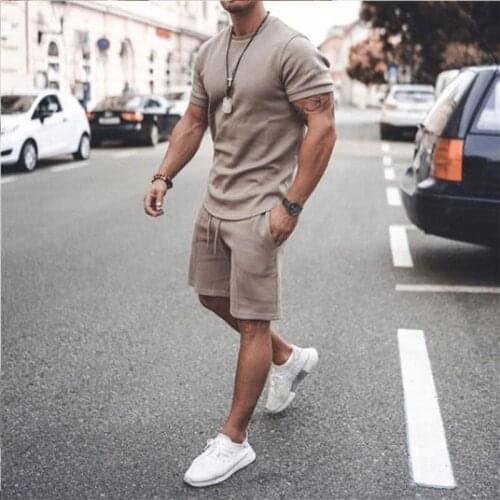 2021 Summer New Men Casual Shorts Sets Short Sleeve T Shirt +Shorts Solid Male Tracksuit Set Mens Brand Clothing 2 Pieces Sets