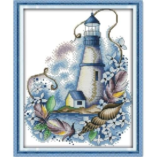Blue lighthouse cross stitch kit cotton silk thread aida 14ct 11ct count printed canvas stitches embroidery DIY handmade