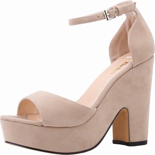 2021 New Women Sandals Summer Sexy Peep Toe Ankle Strap Sandal Square Thick High Heels Flock Platform Wedding Shoes Plus Size