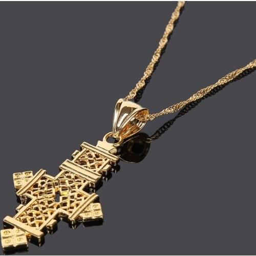 24K Gold Color African Cross Pendant Necklace For Ethiopian Women Jewelry Gifts