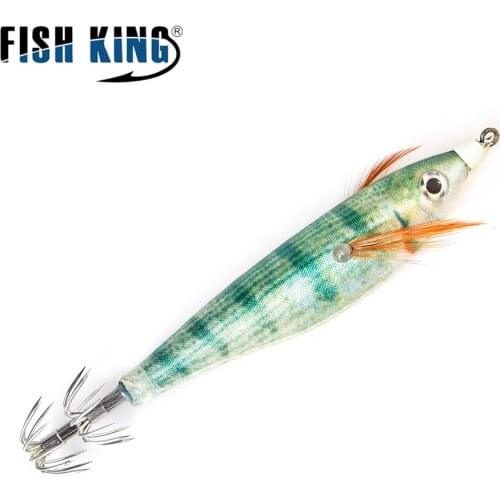 FISH KING 10g Luminous Squid Jigs Octopus Sea Fishing Lure Artificial Hard Bait Cuttlefish Squid Hook Rig Shrimp Lure Japan