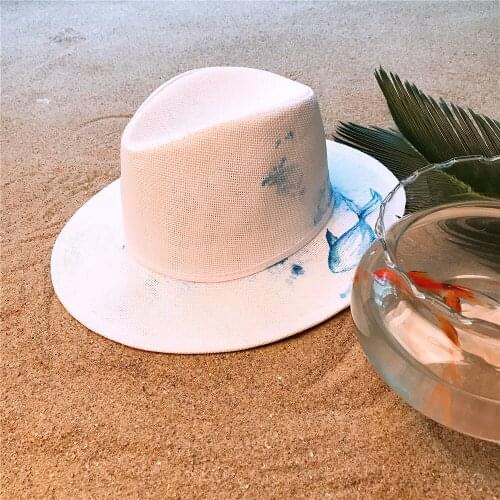 Handmade Paint Panama Hat Fashion Women Summer Straw Beach Wide Brim Sun Sun Hat With Fashion Blue Fashion Size 58CM