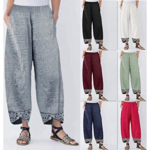 Traf Pantalones De Mujer Pants Women Casual Cotton Брюки Женские Linen Print Irregular Elastic Waist Loose Wide Leg Pants