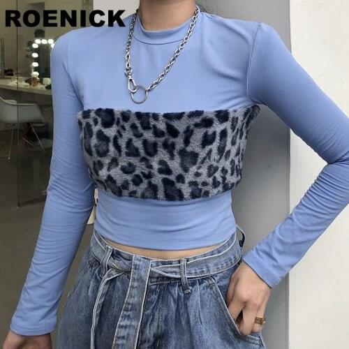 ROENICK Womens T-Shirts Leopard Patchwork Thin O-Neck T-Shirt Women Short Slim Long-Sleeved Tops European Style Tide Leisure