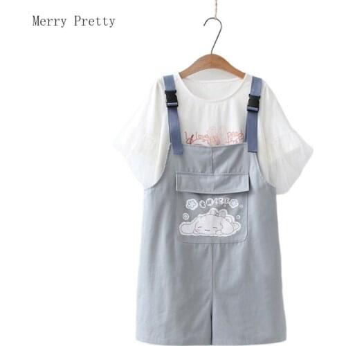 Women Casual Short Sets Cartoon Print White Short Sleeve Cotton T Shirts And Hight Waist Overalls Shorts 2021 Summer 2 Piece Set