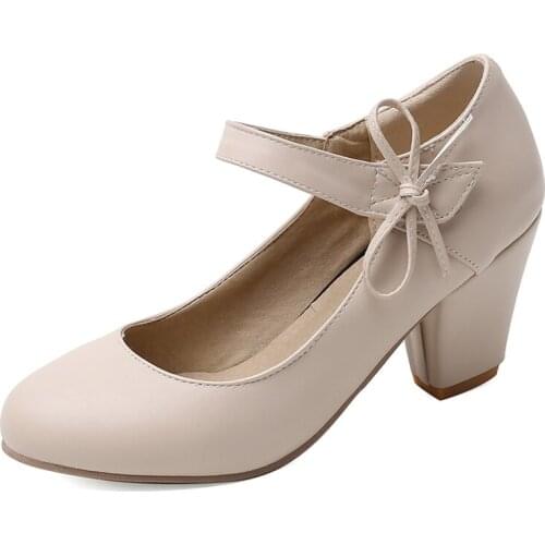 Women Pumps 7cm High Thick Block Heels Round Toe Mary Janes Footwear Wedding Dress Office Lady Ankle Strap Shoes with Bow