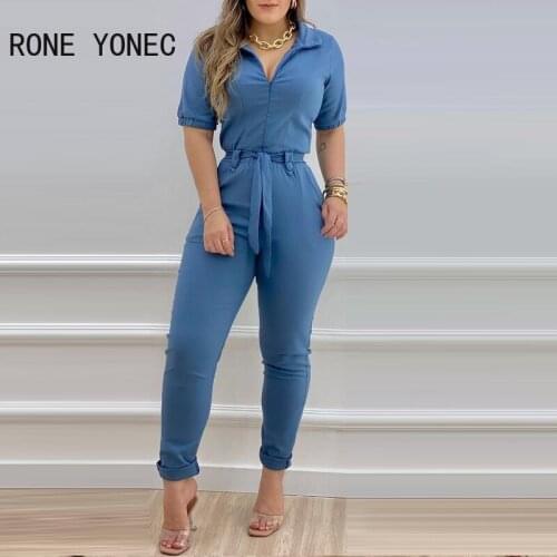 Women Solid Elegant Zipper Sashes Short Sleeve Skinny Jumpsuit