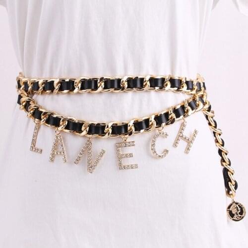 Punk Women Chain Waist Belts Fashionable Metal Real Leather Letter Pendant Waist Belt for Women Nightclub Sexy Accessories