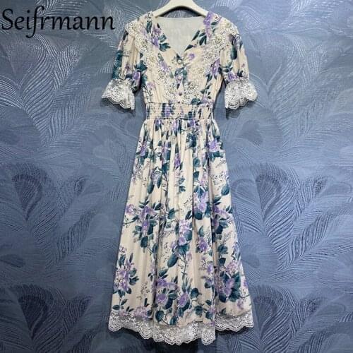 Seifrmann New 2021 Summer Women Fashion Designer Cotton Dress Flare Sleeve Beading Elastic Waist Floral Printed Long Dresses