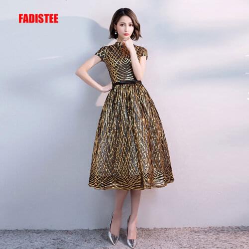 FADISTEE new arrival party prom dress Vestido de Festa high-neck evening party gold pattern sequins cap sleeves short style