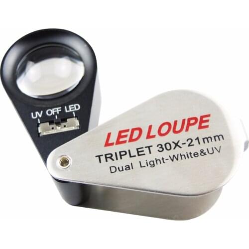 Portable Handheld 30x 21mm Triplet Loupe Jeweler Loupe Magnifier w/ White LED Lights + UV Lighting LED