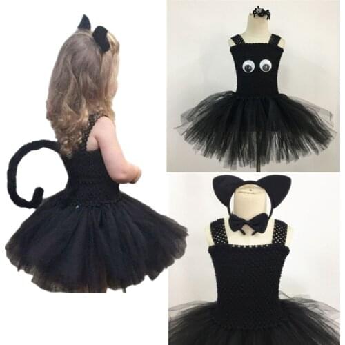 Little Girls Halloween Black Spider Cat Tutu Dress with Hair Accessories Sleevelss Crochet Cartoon Fancy Costume Outfits 2-10Y