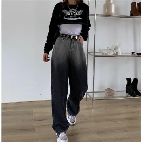 Korean Fashion style Women jeans Vintage Straight Wide leg pants High waist Oversize Loose Long jeans female Black gray gradient