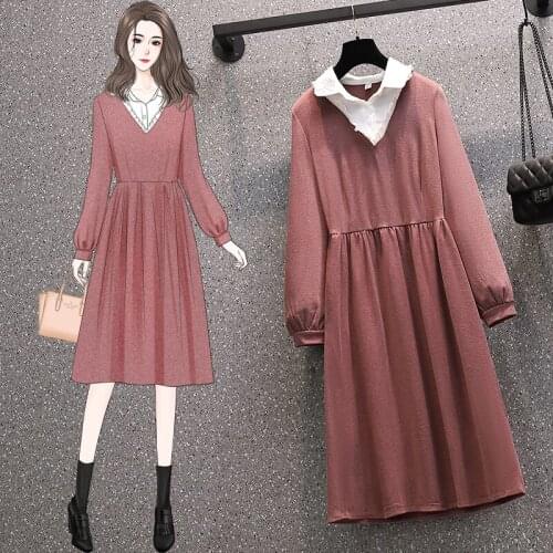 EHQAXIN 2021 Ladies Dresses Autumn All-Match Large Size Womens Shirt Stitching A-Shaped Button Loose Long Dress Female M-4XL