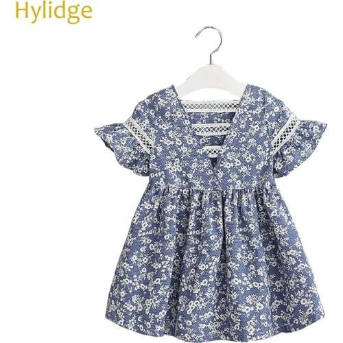 Hylidge Spring Summer Baby Girl Flower Dress Cotton Printing Blue and White Porcelain Dress Floral Kids Back Lace Openwork Dress