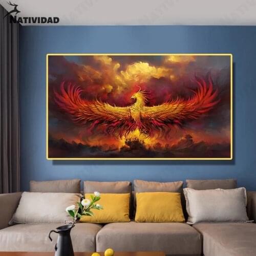 Phoenix Nirvana Art Painting Poster Golden Flame Background Oil Painting Posters and Prints Home Living Room Wall Decoration