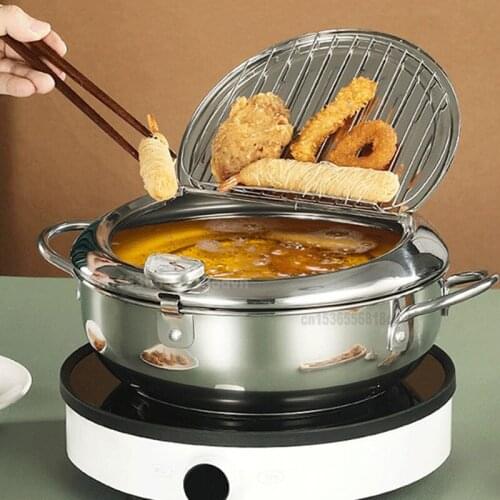 20/24cm Stainless Steel Frying Pot with Thermometer Control Fried Chicken Pot Cooking Tools Non-stick Pan Cookware