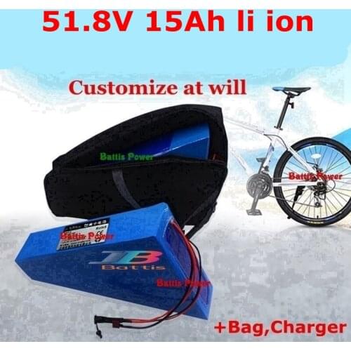 51.8V 15AH lithium Triangle battery 52V 15ah li ion 18650 BMS 14S for 48v 1500W Electric Bicycle battery + bag + 3A charger