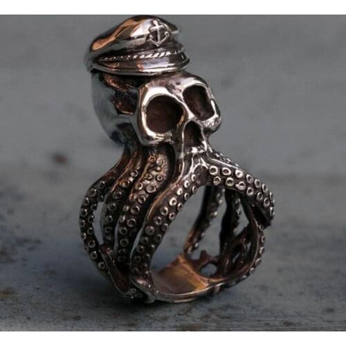 Captain Sailor Octopus Biker Ring Mens Punk Anchor Skull Stainless Steel Ring Navy Jewelry Gift for Him