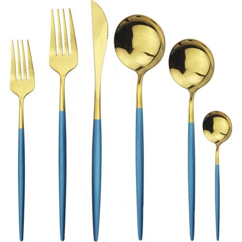 24Pcs Blue Gold Flatware Set Knife Fork Spoon Cutlery Set 304 Stainless Steel Dinnerware Set Mirror Tableware Set Silverware