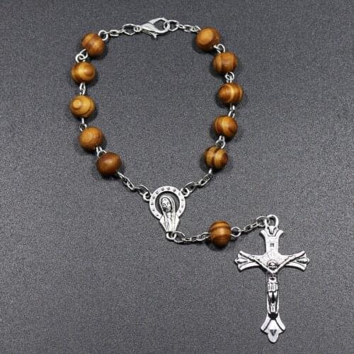 Wholesale 100pcs/lot 8mm Bronze Wood Beads Religious Catholic Rosary Bracelet Unisex Men Pope Rosary Prayer Bracelets