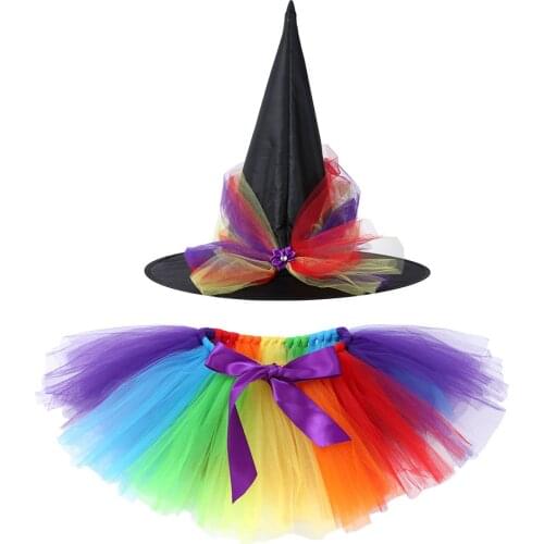 Oyolan 2PCS Kids Girls Halloween Witch Cosplay Party Fancy Dress Up Costume Outfit Colorful Mesh Tutu Skirt with Pointed Hat Set