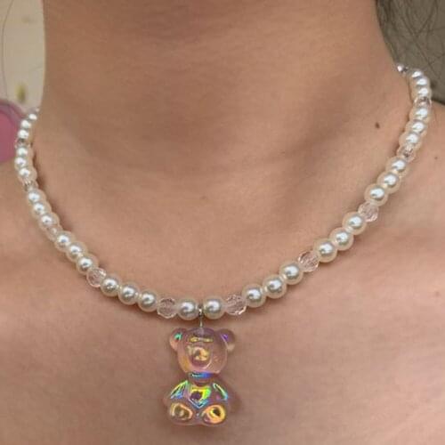 Stonefans Cute Imitation Pearls Colorful Mini Bear Necklace for Women Christmas Accessories Judy Bear Pearl Choker Jewelry Gift