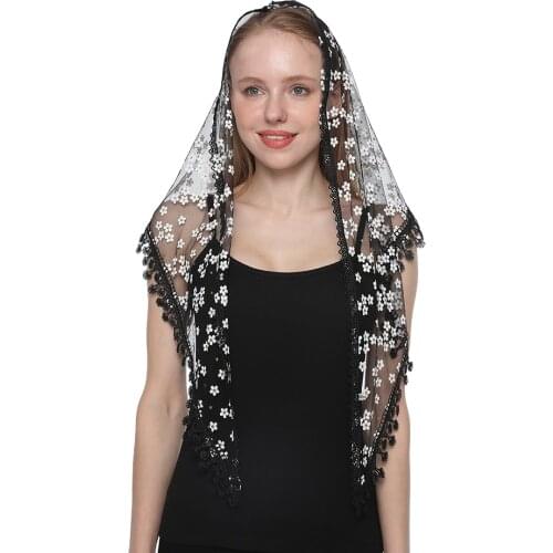Plain Lace Triangle Scarf Prayer Shawl White Flower Tassel Veil Women Wedding Church Headscarf Embroidered headband