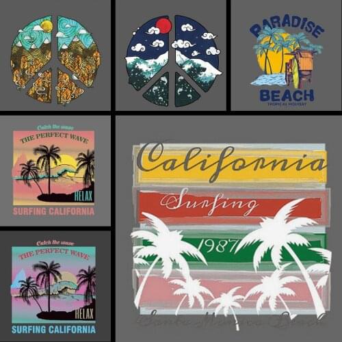 Beach Landscape Iron on transfer Printing Flower Patches for clothing T-shirt Punk Biker Women Clothes Patch Heat PVC Stickers