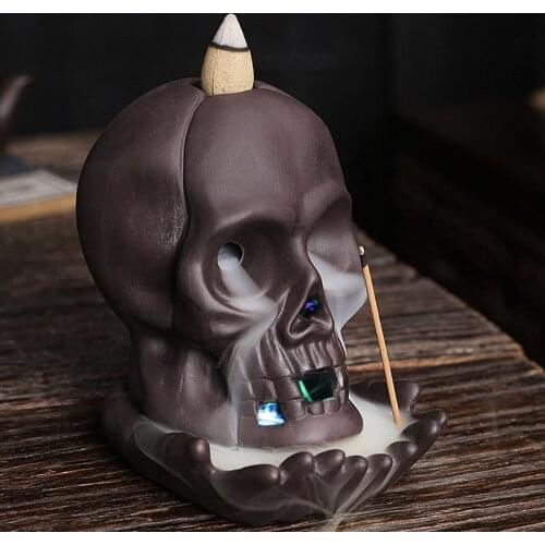 Handmade Ceramic Skull Backflow Incense Burner Creative Smoke Waterfall Incense Holder Censer With Color LED Halloween Decorati