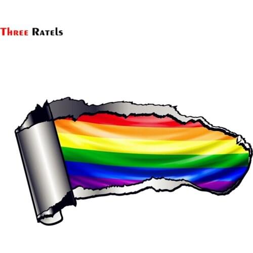 Three Ratels FTC-863# 20x10.8cm Ripped Open Gash Torn Metal Design With LGBT Gay Pride Rainbow Flag External Vinyl Car Sticker
